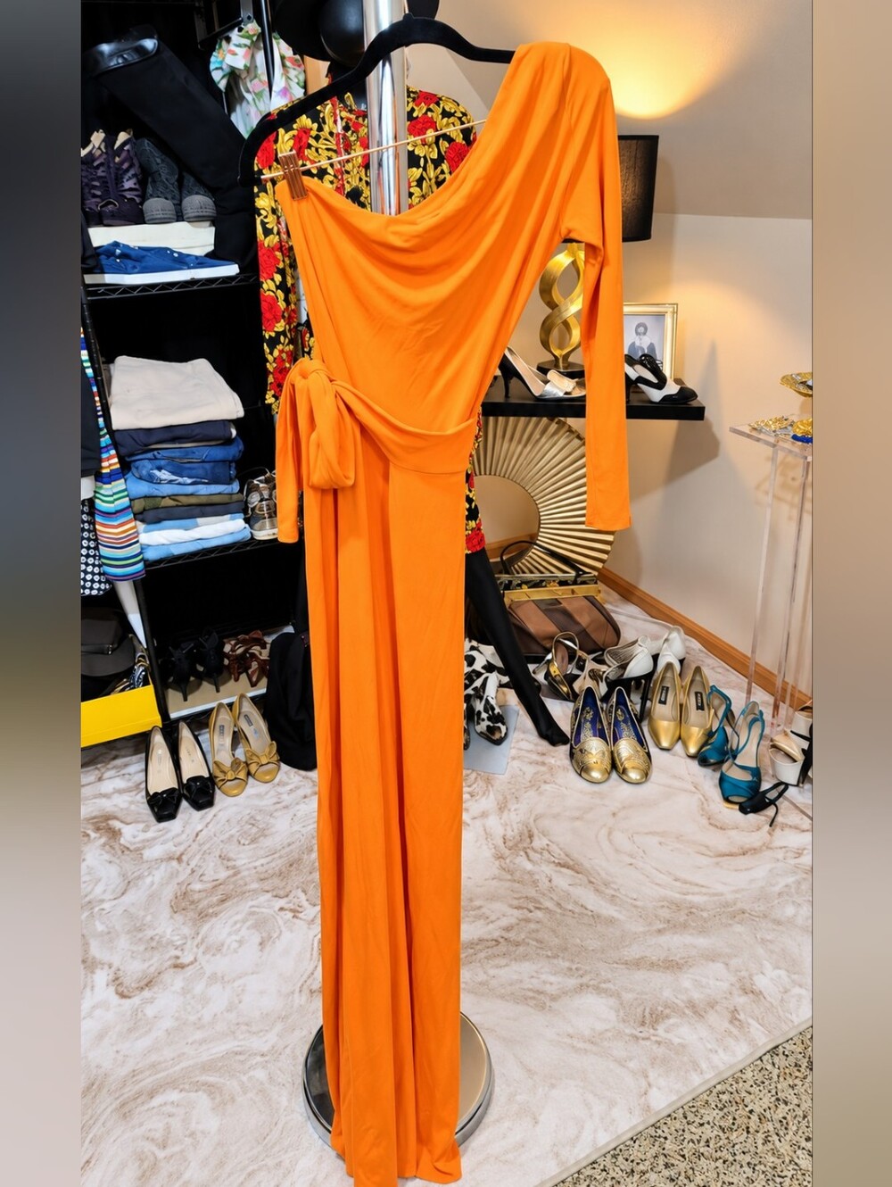 Vintage 80's  Orange One-Shoulder Dress with Side Tie